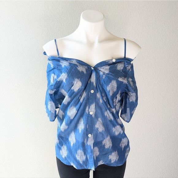 Theory Blue Patterned Off-Shoulder Blouse - Picture 5 of 8